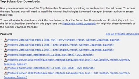 Windows Vista SP1 Downloads from Technet Plus and MSDN