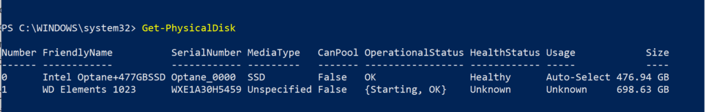 Physical Disk Unknown Health Status and Starting